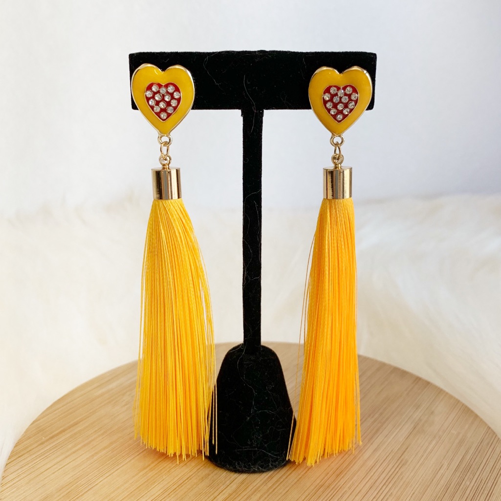 Nwt Yellow Heart Tassel Earrings Rhinestone Red Heart Center